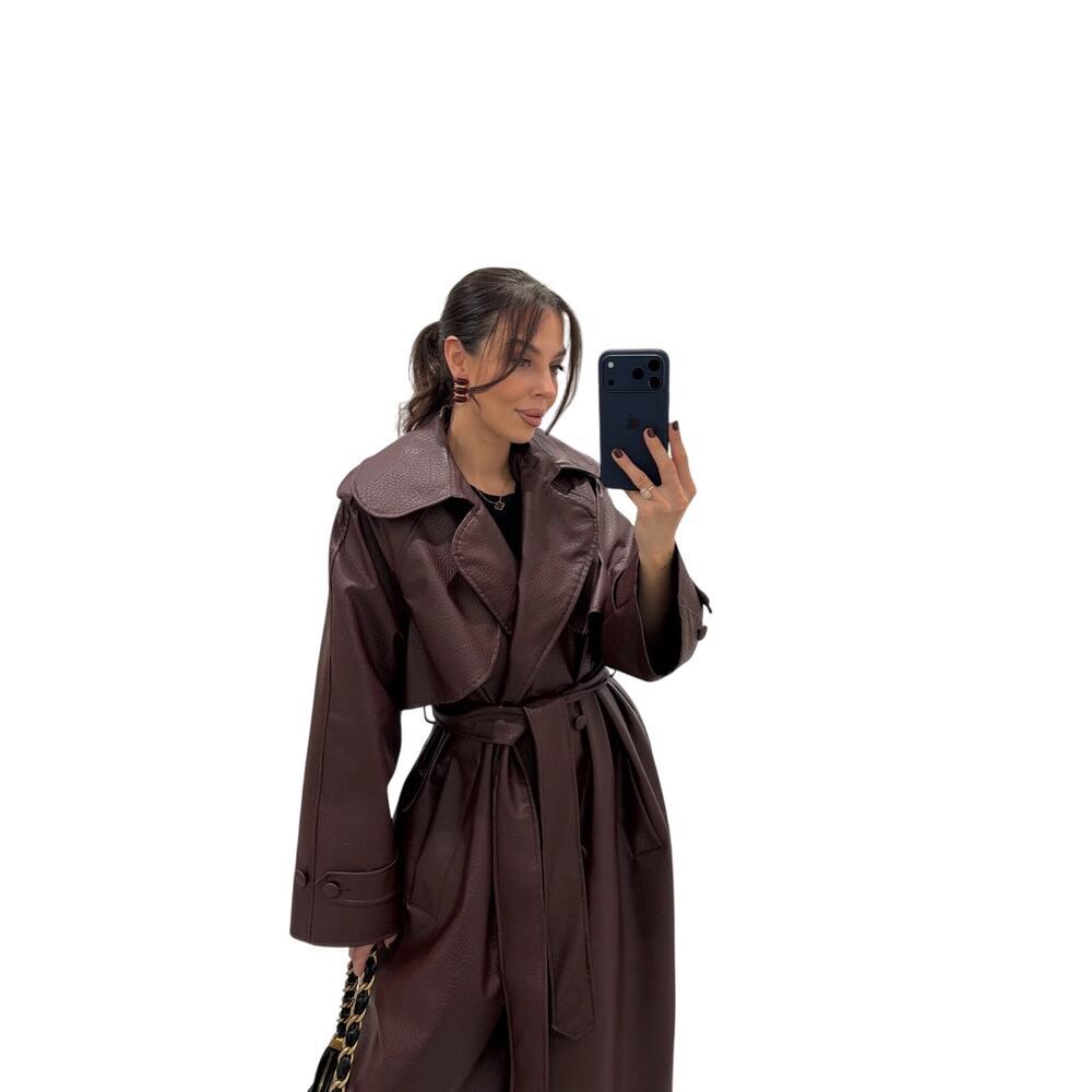 NWT Hot Fashion Burgundy Faux Leather Trench Coat Belted Long Coat One Size - Picture 3 of 11